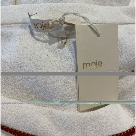 NWT Maje Fluide Top Shirt Blouse 3/4 Sleeve Cream Red Tan Trim Size 2 Medium New - Picture 4 of 6